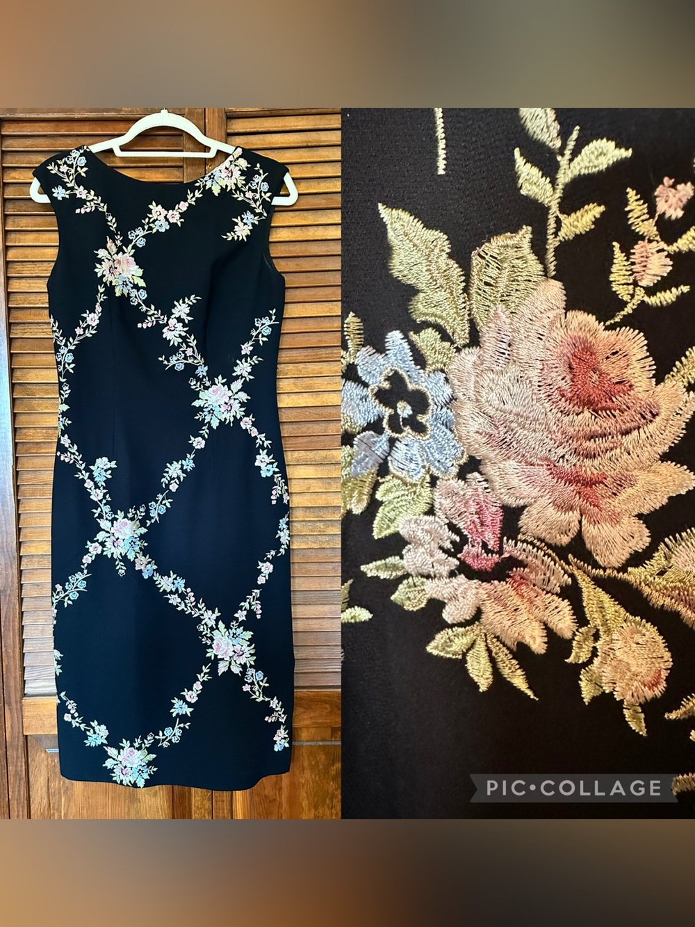 Maggy London Black Sheath Dress with Pastel Floral Embroidery size 6